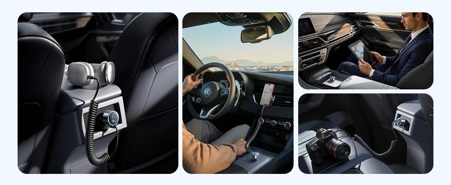 200W Car Charger USB C, PD100W Fast Charge w/100W Type C Fast Charging 5FT Coiled Cable, PD3.0/QC4.0/PPS Cigarette Lighter Phone Adapter for iPhone 17/16 ProMax, MacBook Pro/Air, Samsung S26/S25, iPad