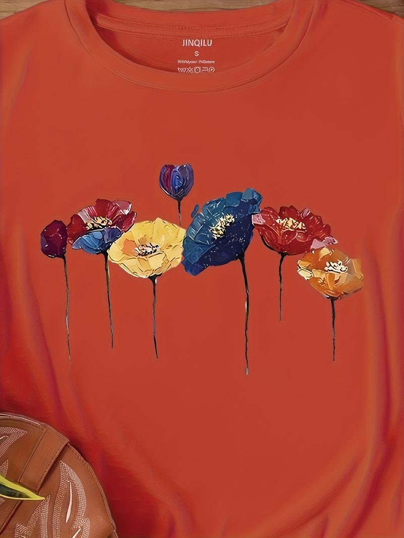 G7339 2026 New Arrival Oil Painting Floral Print T-Shirt for Women Casual Wear plus  size  top