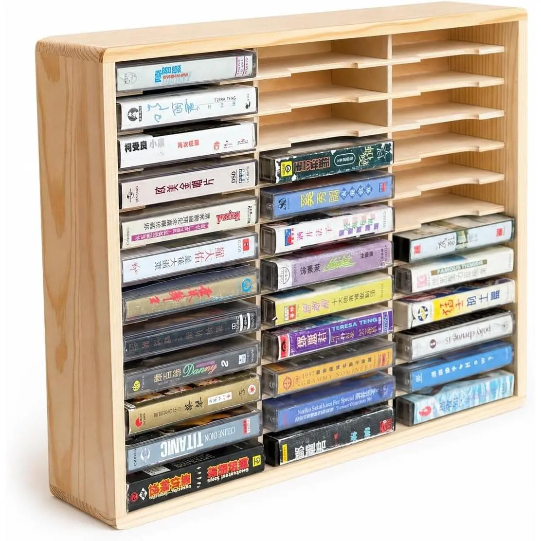 36 slots Cassette Tape Storage Rack Wood Holder, Wall Mount/Freestanding Audio Cassette Organizer for Tapes & Playing Card Storage