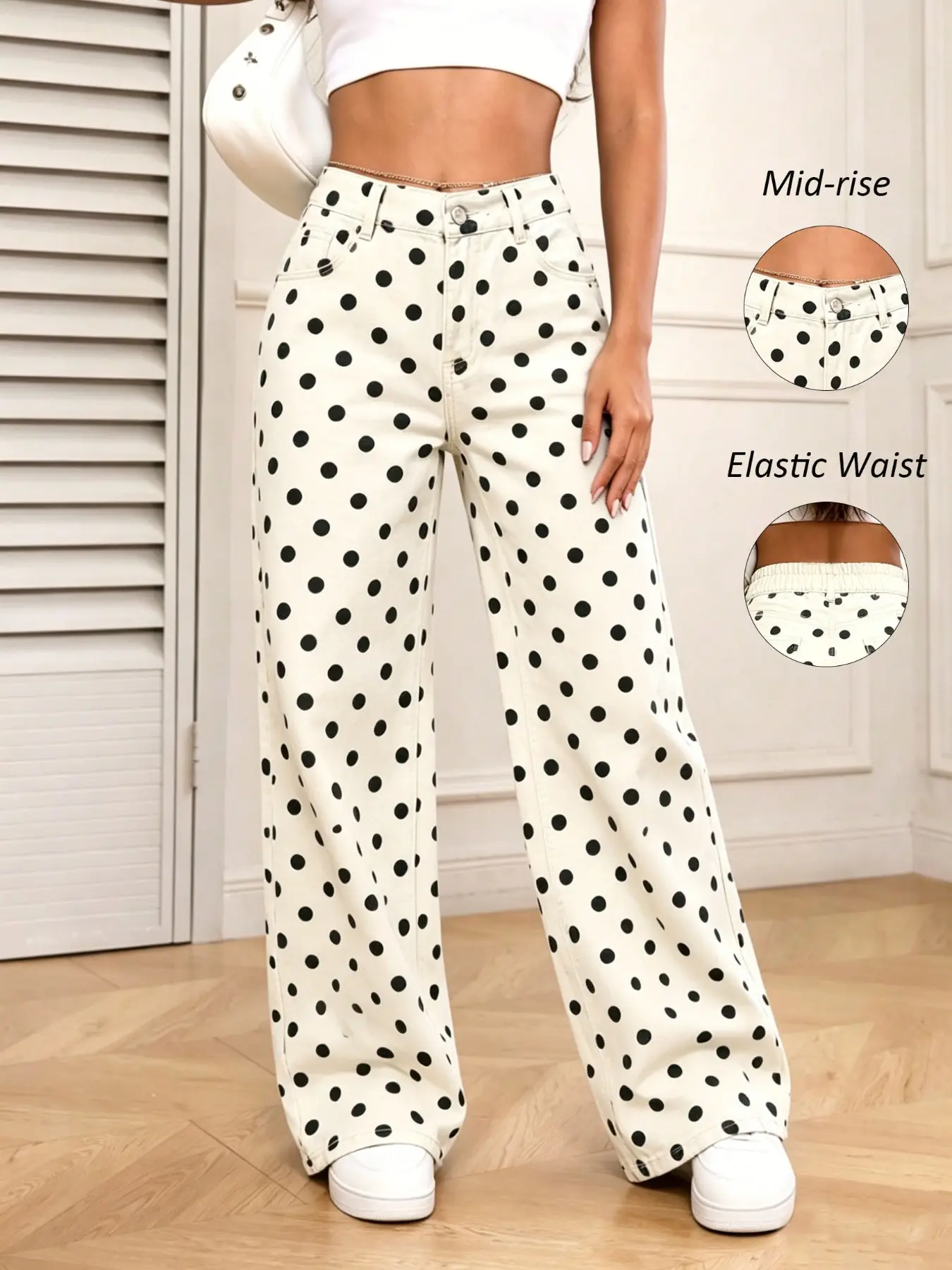Women's Polka Dot Jeans, Wide Leg Pants, Elastic Waist, Elegant, Chic and Comfortable, Loose Fit, Button Fly, All Seasons