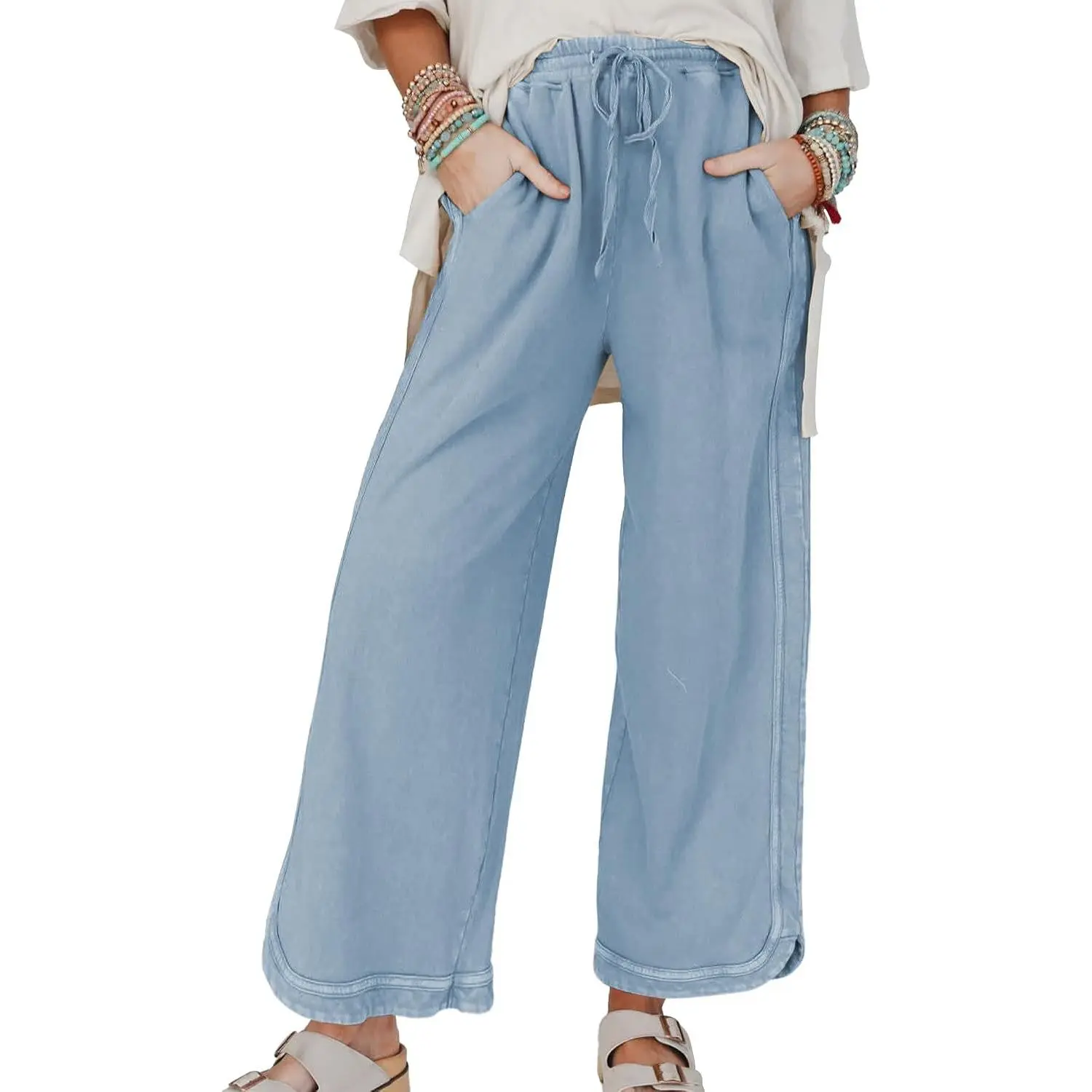 Women's Casual Wide Leg Sweatpants High Waist Baggy Acid Wash Pants Drawstring Athletic Palazzo Pants with PocketsGift