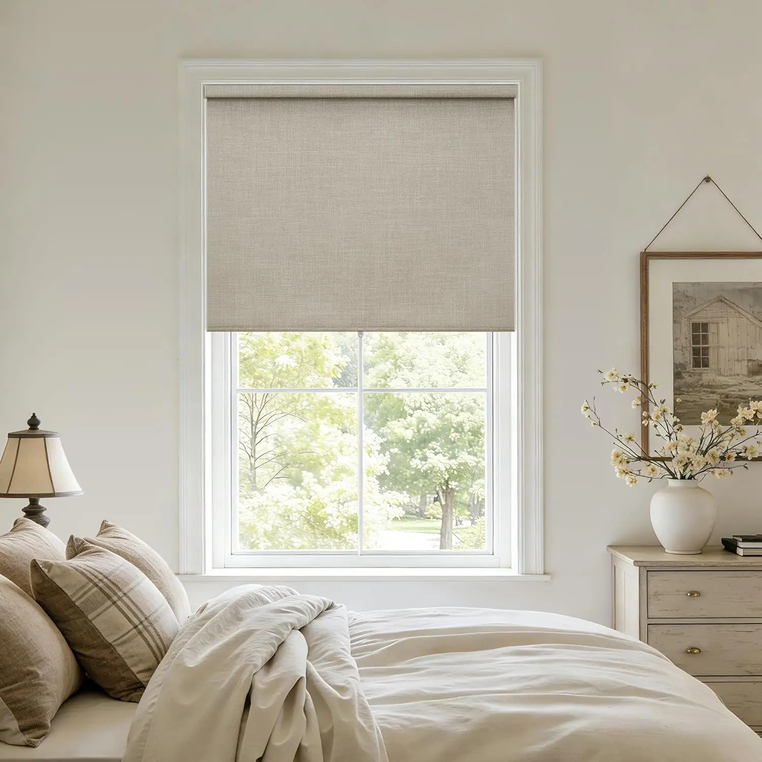 Cordless Free-Stop Blackout Roller Shades with Valance UV Protection 100% Black Out Linen Blinds for Bedroom Bathroom Living Room Windows Beige Oatmeal 34" W x 72" H