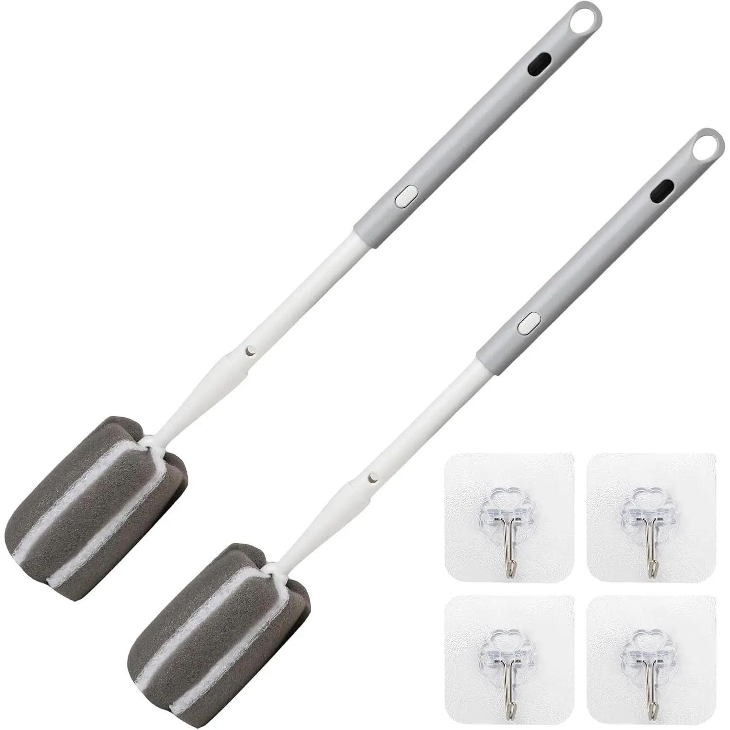 Sponge Bottle Brush Adjustable Long Handle Up to 14.5”High-Density Foam Bottle Brush & Scrubber Head Hanging Design with 4 Traceless Hooks – Bottle Cleaner for Glasses & More (2 Pack)