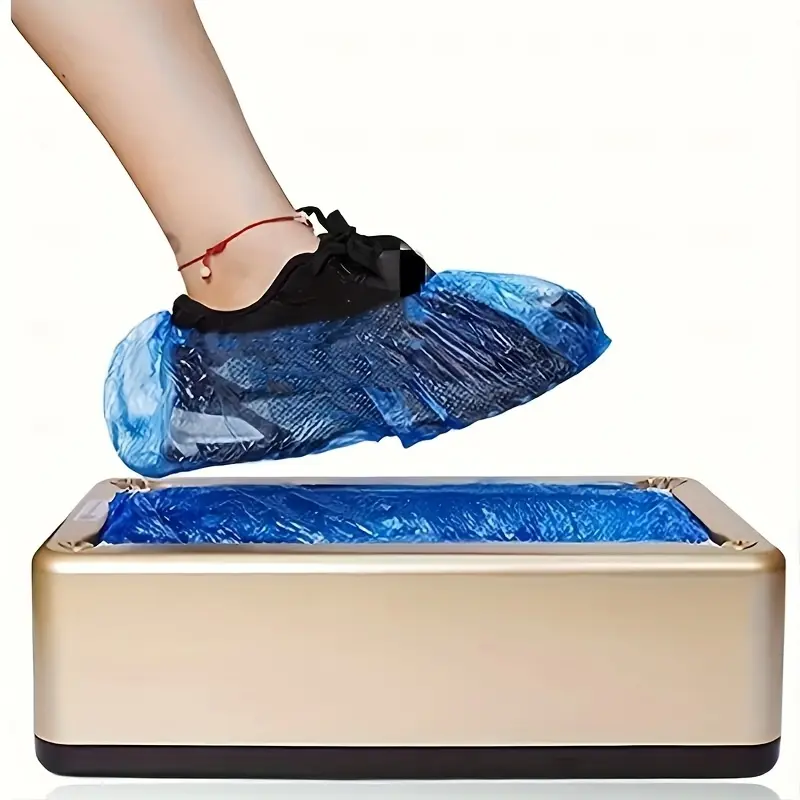 A home office automatic shoe cover machine with an automatic shoe cover dispenser, including 100 specialized T-shaped waterproof shoe covers, suitable for home and office use