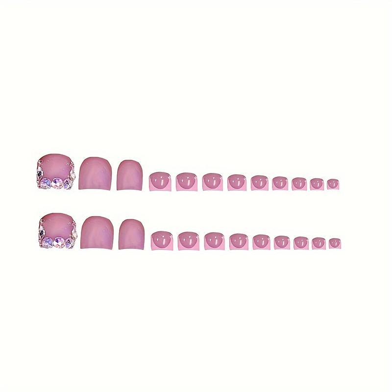 [Fashionable Nail Kit] 2 Pack 48PCS Handmade Pressing Nail and Toe Nail Set |   Pink Square Nails with 3D Rhinestones, Glossy French Pointed Design, Fashionable Nail Kit for Women