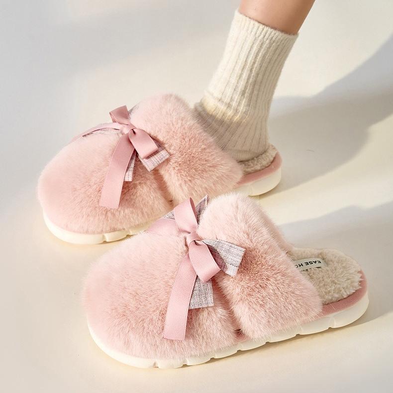 Cute Bow Soft Cotton Slippers for Women, Womens Fuzzy Fluffy Cozy Indoor Outdoor House Slippers Winter Indoor Anti-slip Thick-soled Slippers, Autumn and Winter Home-use Cotton Slippers, Warm and Comfortable Home Floor Slippers