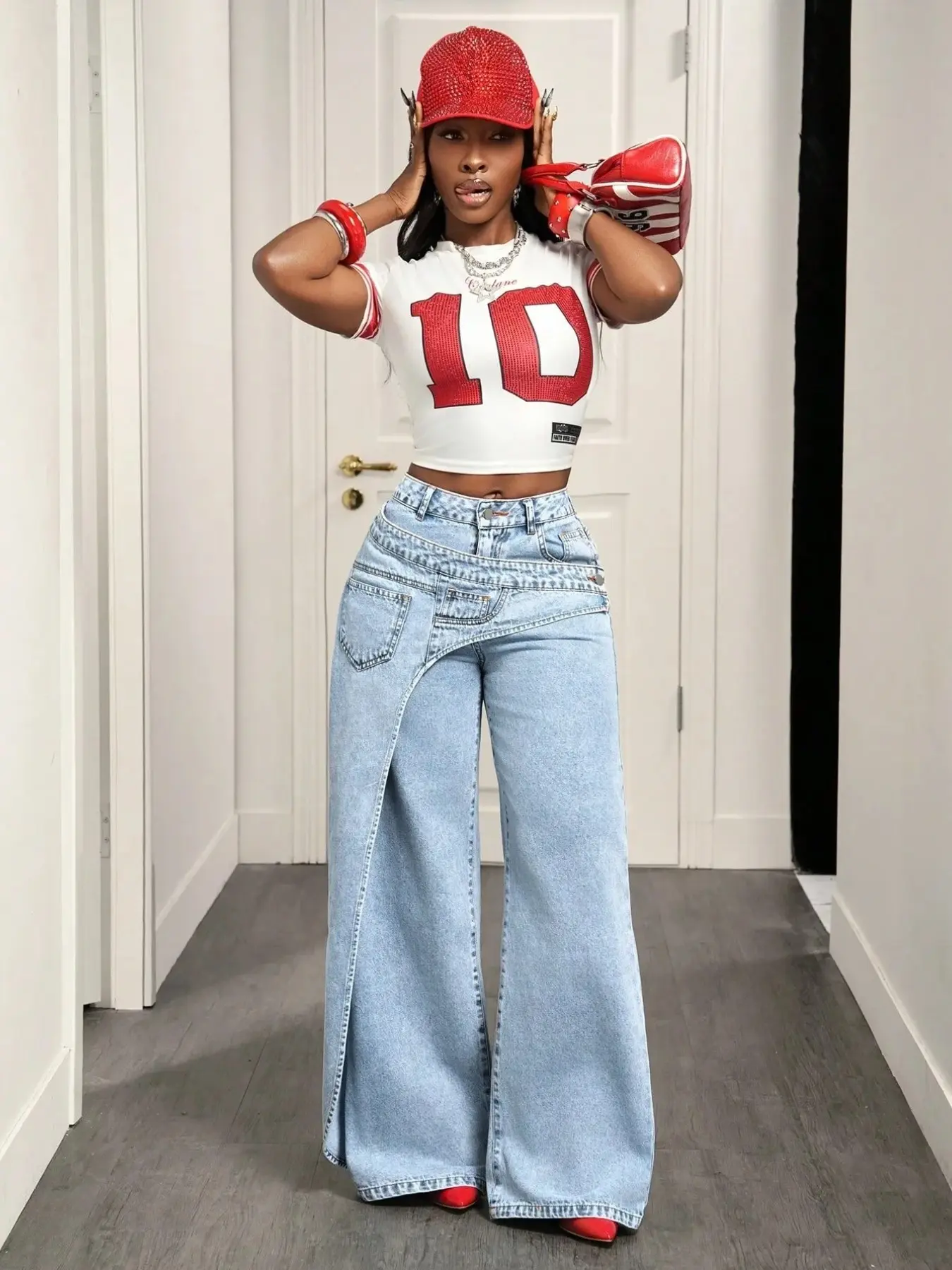 Women's Light Blue Asymmetric Apron Jeans, Washed Bleached Texture, Unique Layering Design, Perfect for Casual, Stylish and Comfortable
