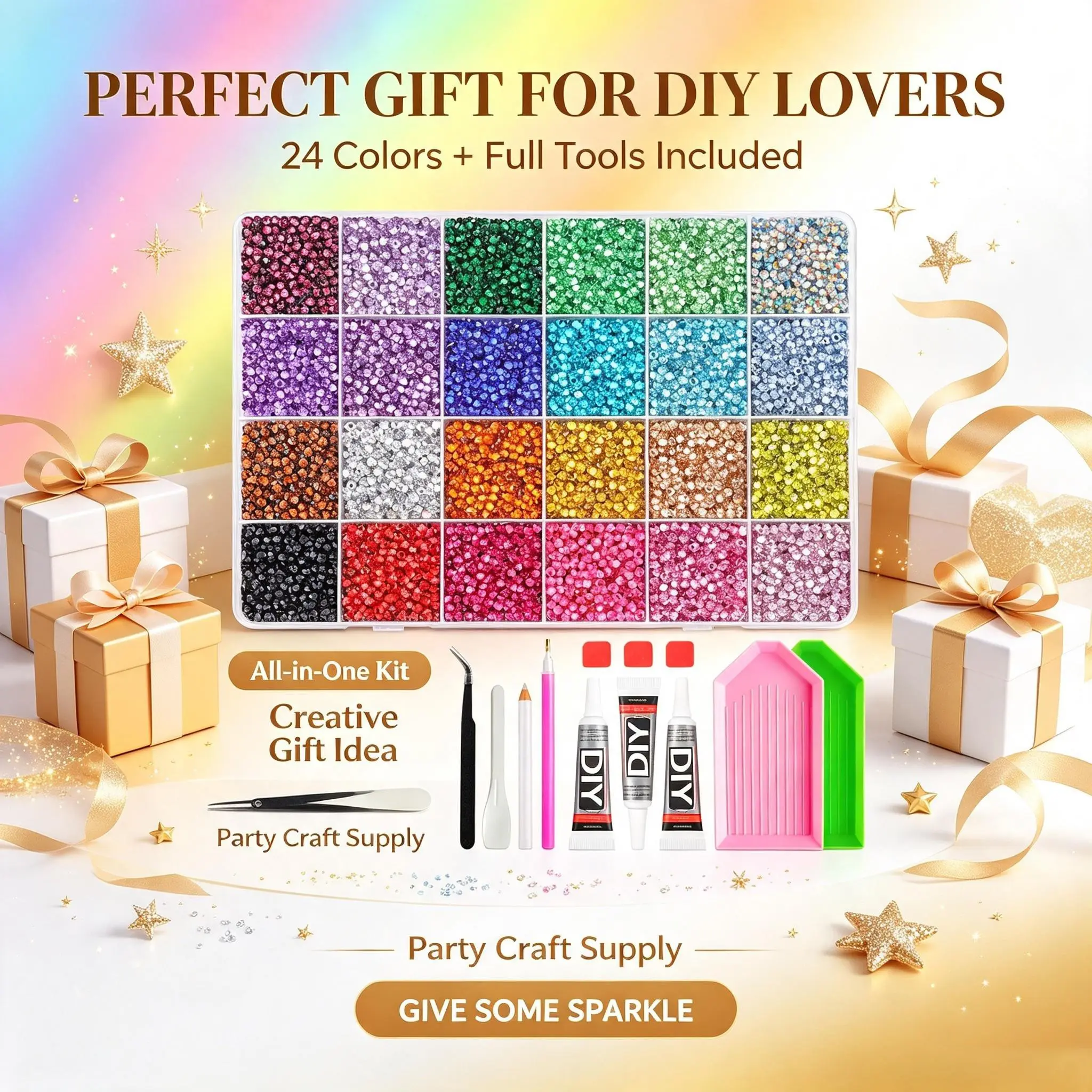 Sparkling Iridescent Crystal Shiny  Rhinestones Bedazzling Kit 24-Grid Ab Color Flat Bottom Crystal Rhinestone Tool Set, DIY Craft Embellishment Kit, Perfect Gift for Handicraft Enthusiasts。Halloween Christmas Birthday Gifts for Women。mid year sale, deals