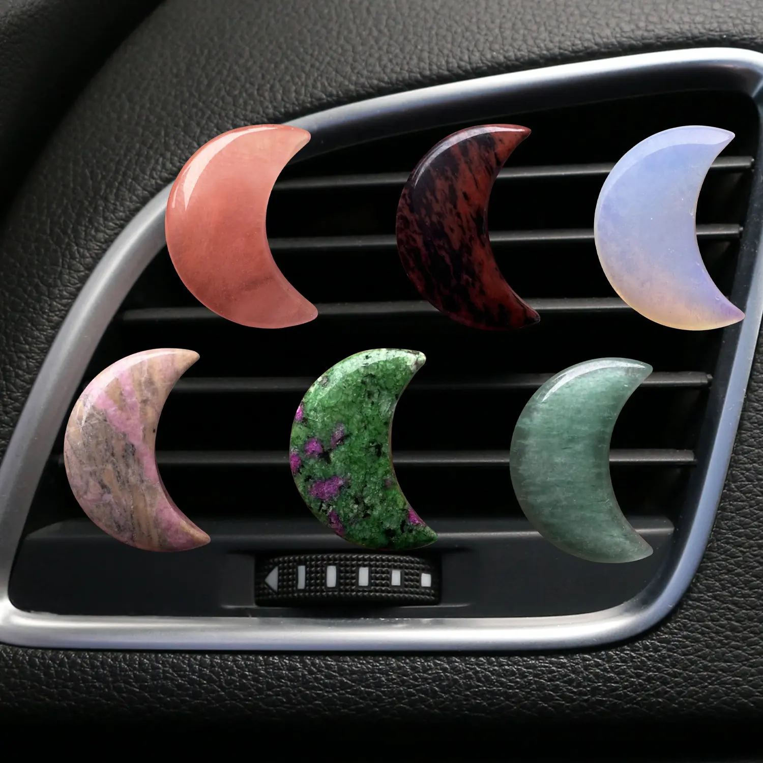 Crystal Moon Car Vent Clip - Natural Stone Aromatherapy Diffuser with Metal Clip, Energy Healing Feng Shui Ornament for Car AC, Ideal for Daily Commute & Road Trip (Rose Quartz/Obsidian)