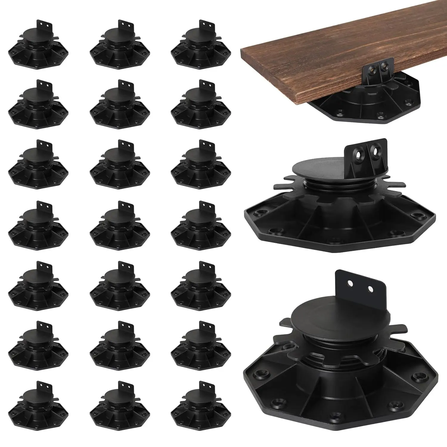24 Pack Adjustable Deck Support Pedestals, Shed Foundation Base Deck Blocks Floor Raising /16" to 2-3/8", Joist Support Plastic Pedestals for Outdoor Anti-Corrosive  (Black)