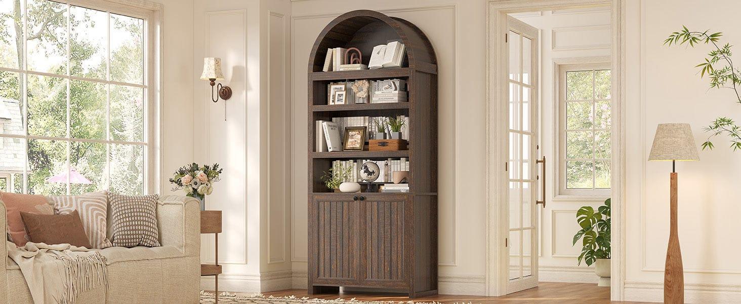 81 Inches Tall Arched 6-Tier Bookcase with Door Walnut 81 Inches Tall Arched 6-Tier Bookcase with Door Walnut