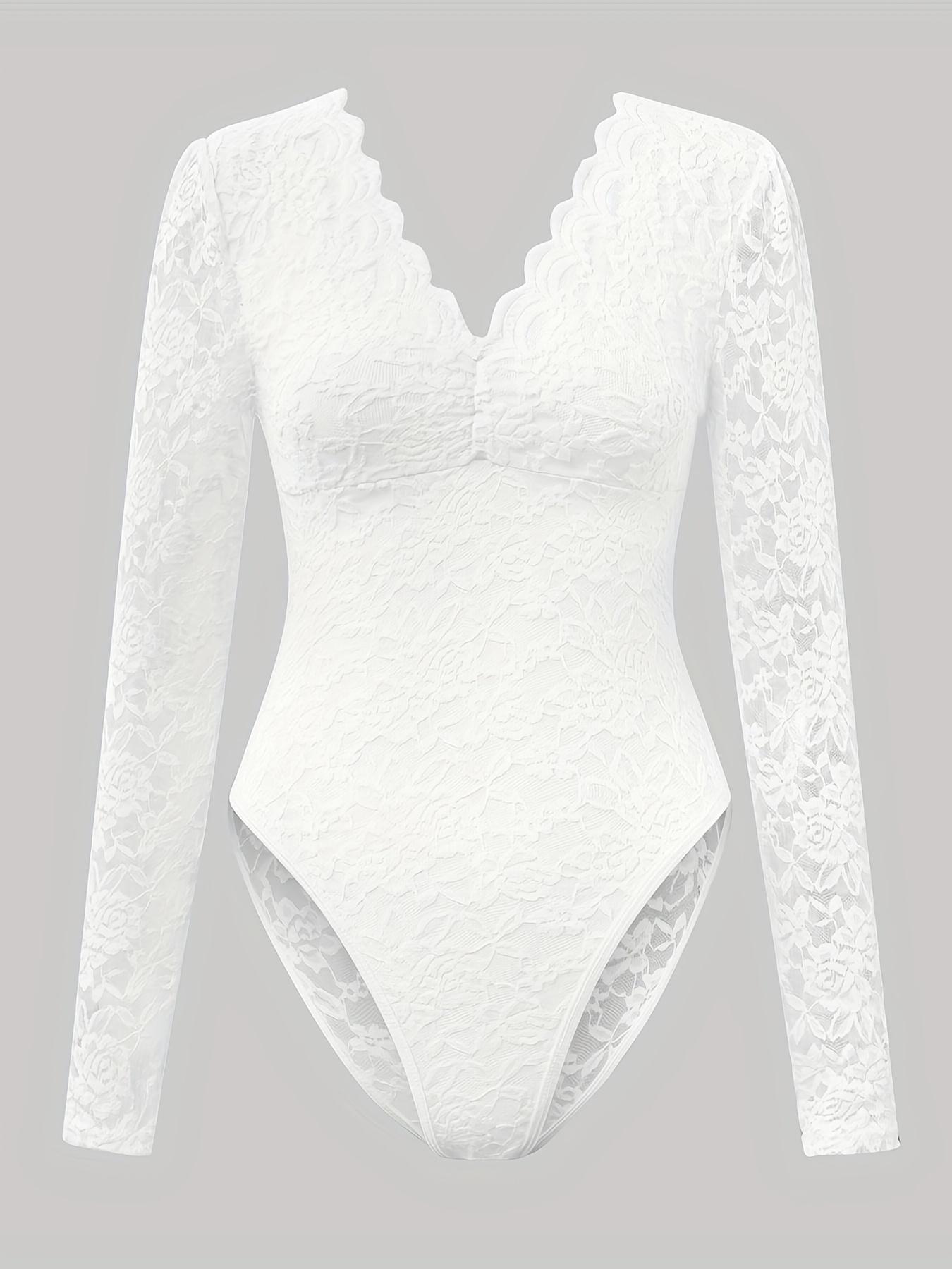 ChromaChic LEE Christmas Womens Elegant Lace Long Sleeve See Through Jumpsuit Sheer Bodysuit with Back Bow Hand Washable Wedding Night Dress Valentines Gift Bridal Lingerie lencería  fina