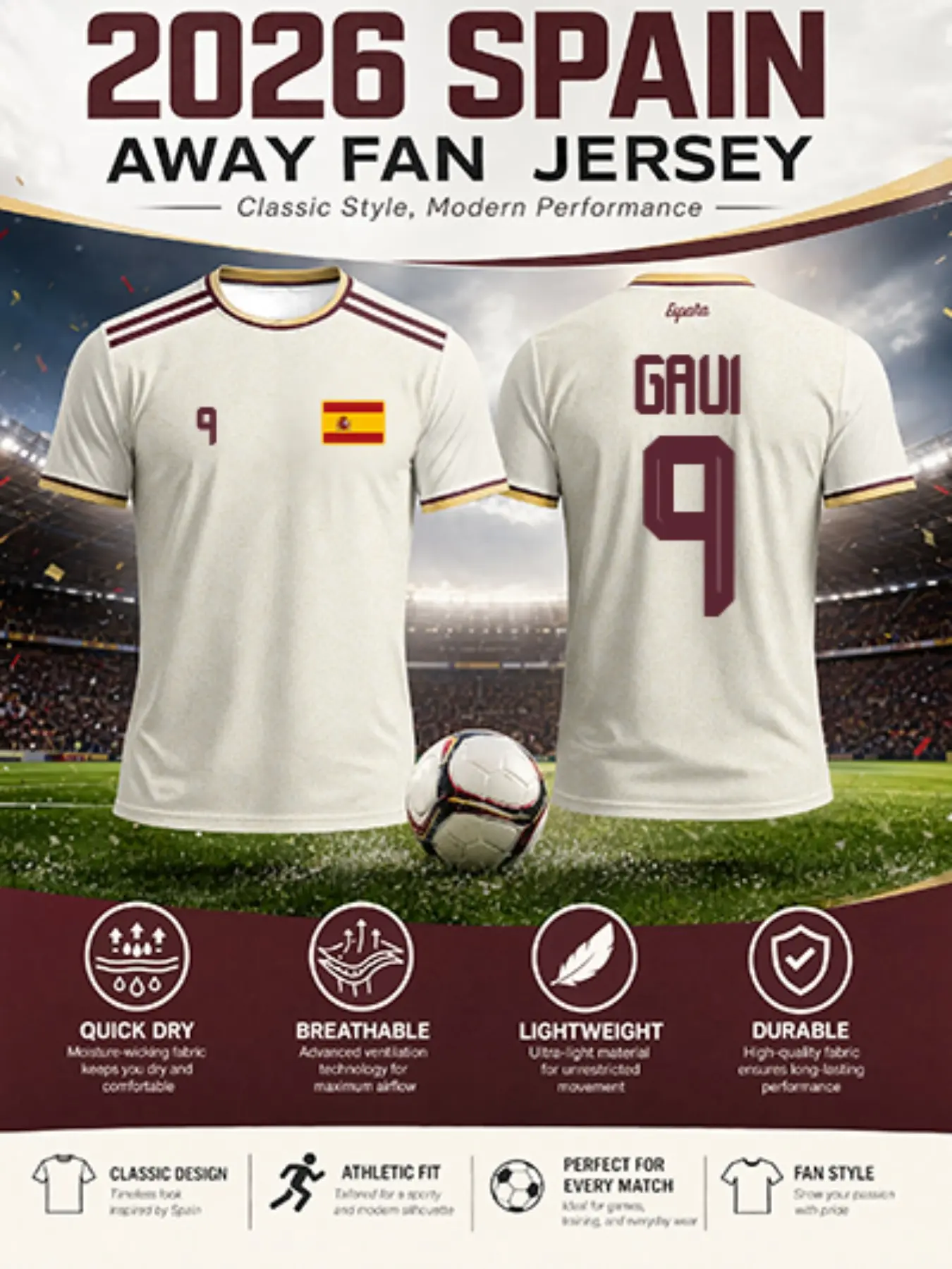 2026 Spain Classic Fan Football Jersey, Quick-Dry Breathable Polyester Mesh, Elegant Cream Texture, Short Sleeve T-Shirt for Daily Wear