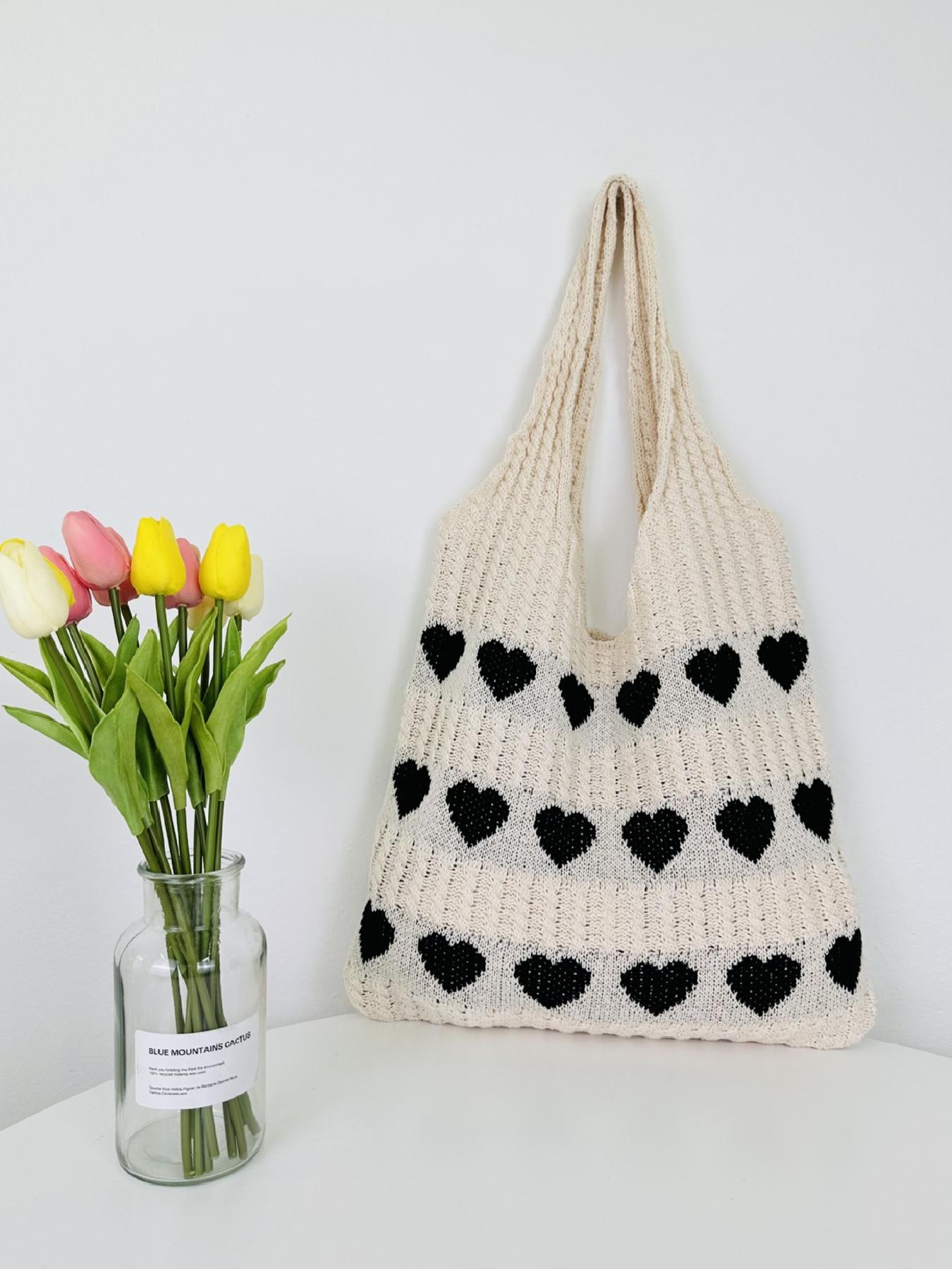Heart Pattern Crochet Summer Tote Bag for Women, Summer 2024 Large Everything Tote Bag, Large Beach Bags, Trendy High Quality Everyday Shoulder Bag for Daily