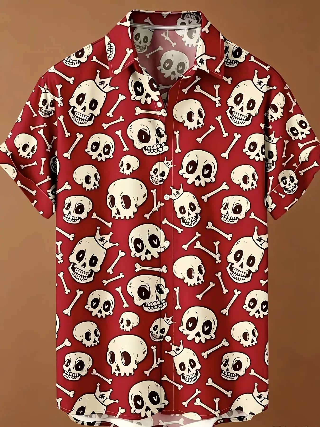 Men's Base Crown Cartoon Skull Full Print Cuban Collar Short Sleeve Shirt, Halloween Fun Loose Summer Vacation Open Front Shirt, Casual Summer Clothes