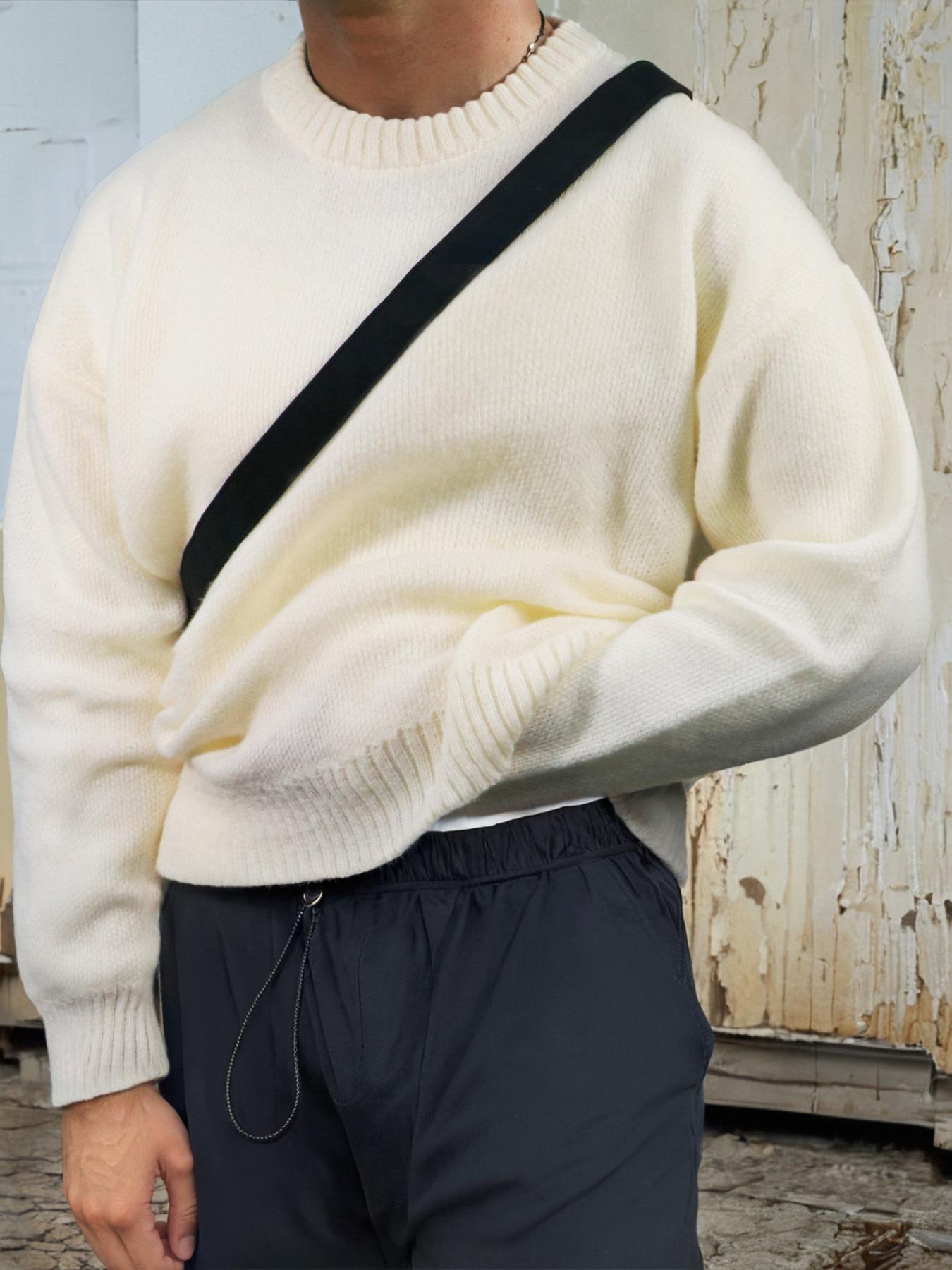 Men's Solid Color Crew Neck Sweater, Casual Fashion Long Sleeve Jumper for Fall & Winter, Men's Knitwear for Daily Wear, Knitted Pullover, Tops