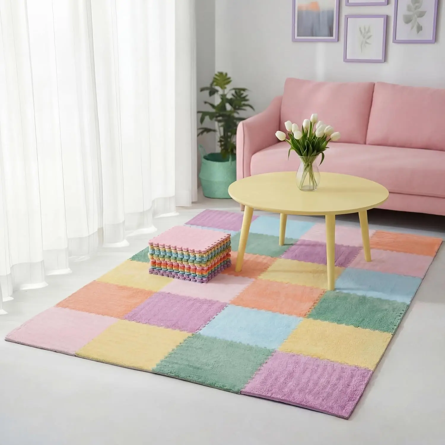 12 Pcs Plush Interlocking Carpet Tiles, Pastel Colors 12 x 12 x 0.4 Inch Squares EVA Foam Carpet Tiles, Machine-Washable Anti-Slip Puzzle Floor Mat for Home Bedroom