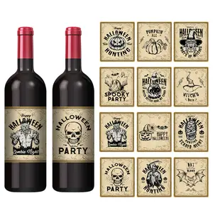 12pcs Halloween Wine Bottle Stickers, Vintage Style Party Decorations, Zombie Skull Pumpkin Ghost Designs, Creative Event Supplies