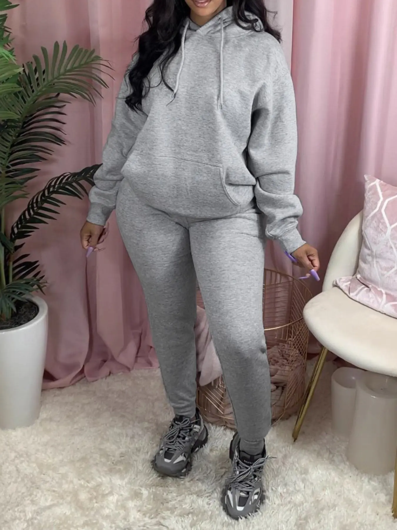 Women's Two-Piece Long Sleeve Hoodie Set, Solid Color Fleece-Lined Pullover & Pants, Fall & Winter Sports Running