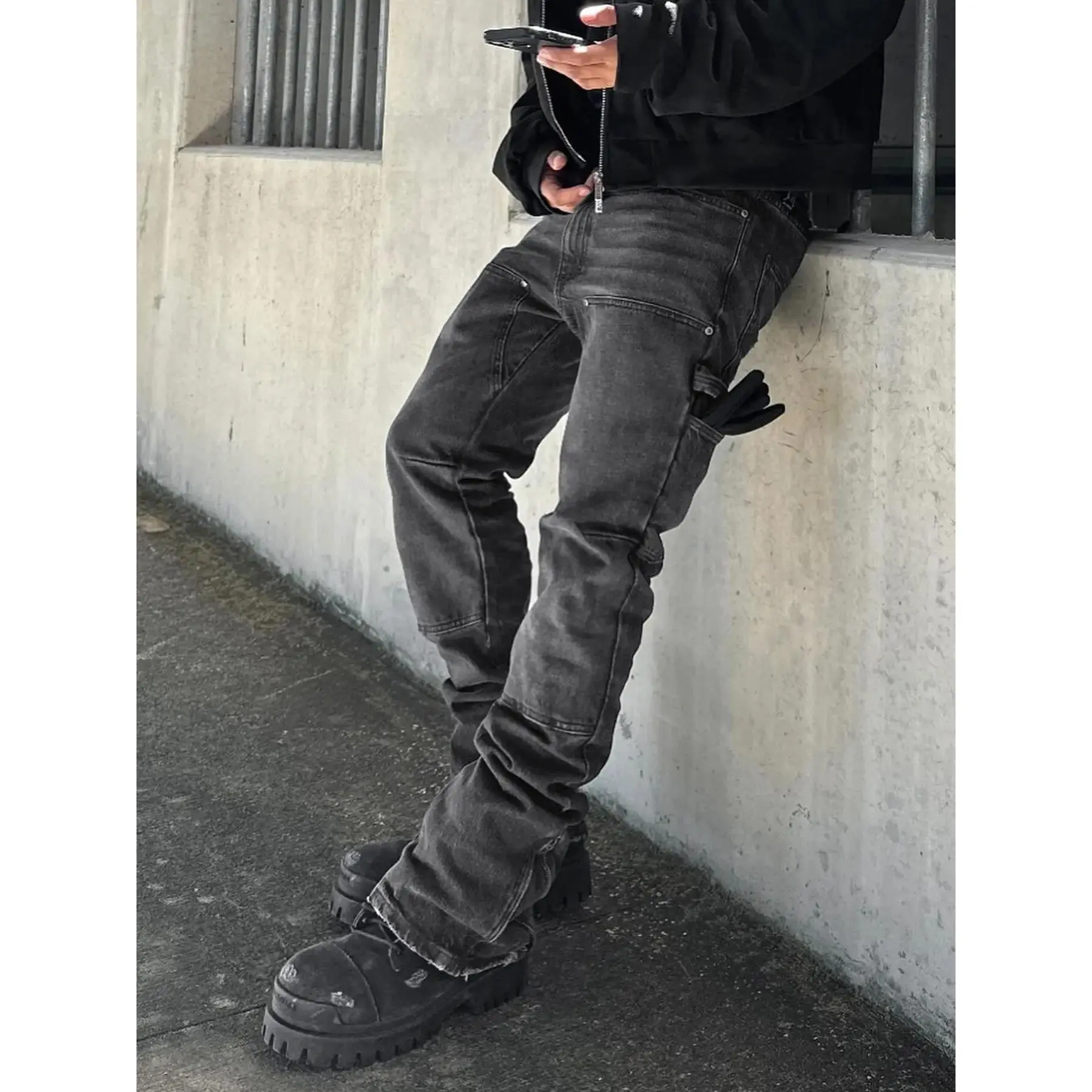 Men's Washed Solid Color Plain Elastic Patchwork High Street Streetwear Korean High Waist Fitted Denim Jeans Pants, Casual All Season Wear, Comfortable Fashion Design, Pocket