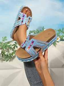 Vintage Boho Style Multicolored Beads Rhinestone Hollow Out Platform Slide Sandals for Women Open Toe Non-Slip Wrapped Edge Chunky Sole Outdoor Vacation Summer Slippers Purple Black White Orange Pink Blue Available