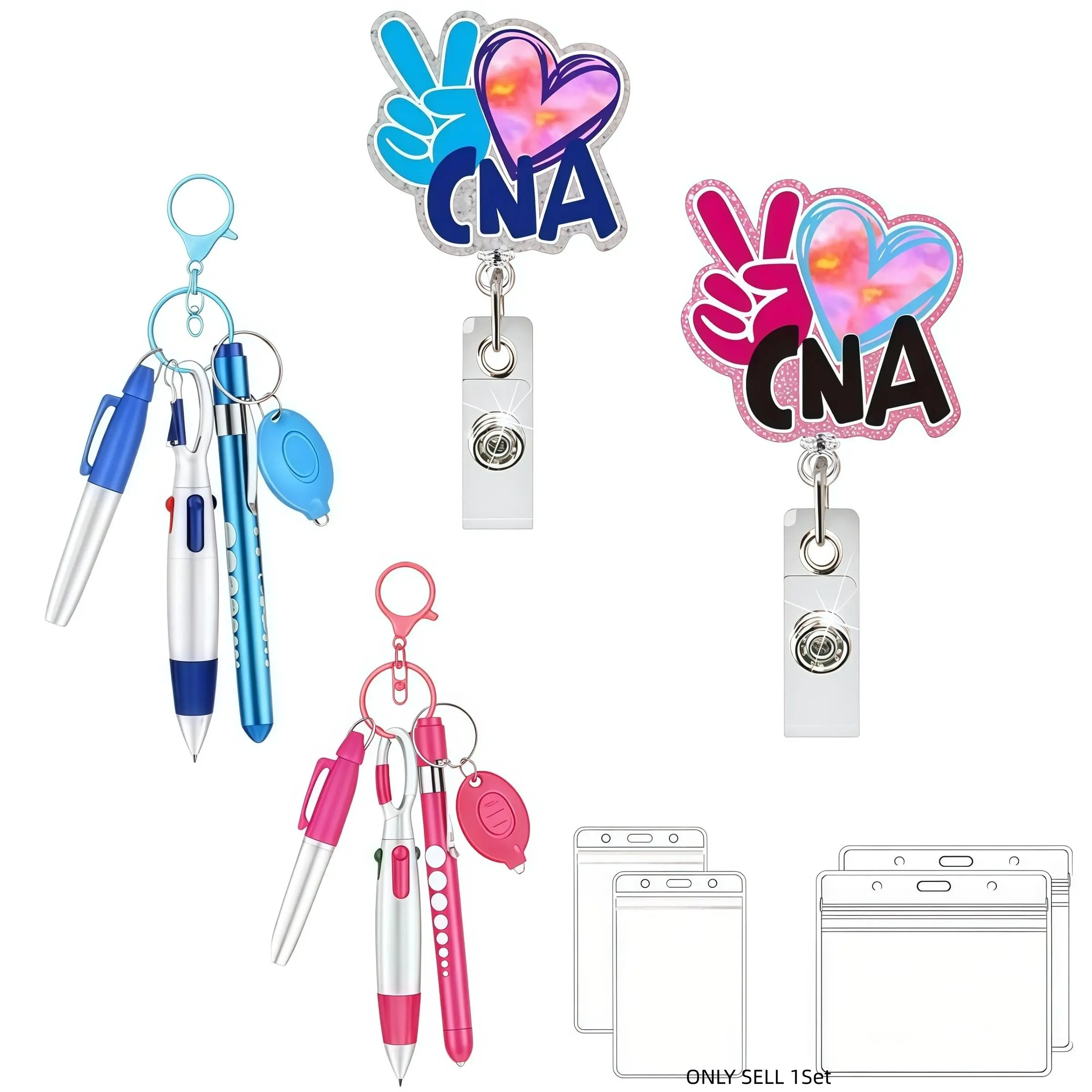 Cna Theme Badge with Retractable Lanyard and Clip, Includes Pen, Marker, Eld Light, and Water Card Holder, Fun and Stylish Nurse ID Clip Gift for Office Workers, Lanyards with ID Holder, Office Supplies
