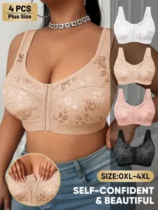 4-Pack Plus Size Wireless Bras, Sexy Lace Front Buckle Design, Full Coverage Medium Support, Casual Plain Bra for All Seasons