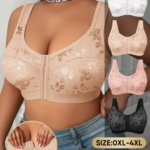 4-Pack Plus Size Everyday Wireless Bras, Sexy Front Buckle Design, Full Coverage Medium Support, Casual Plain Bra for All Seasons, Fit