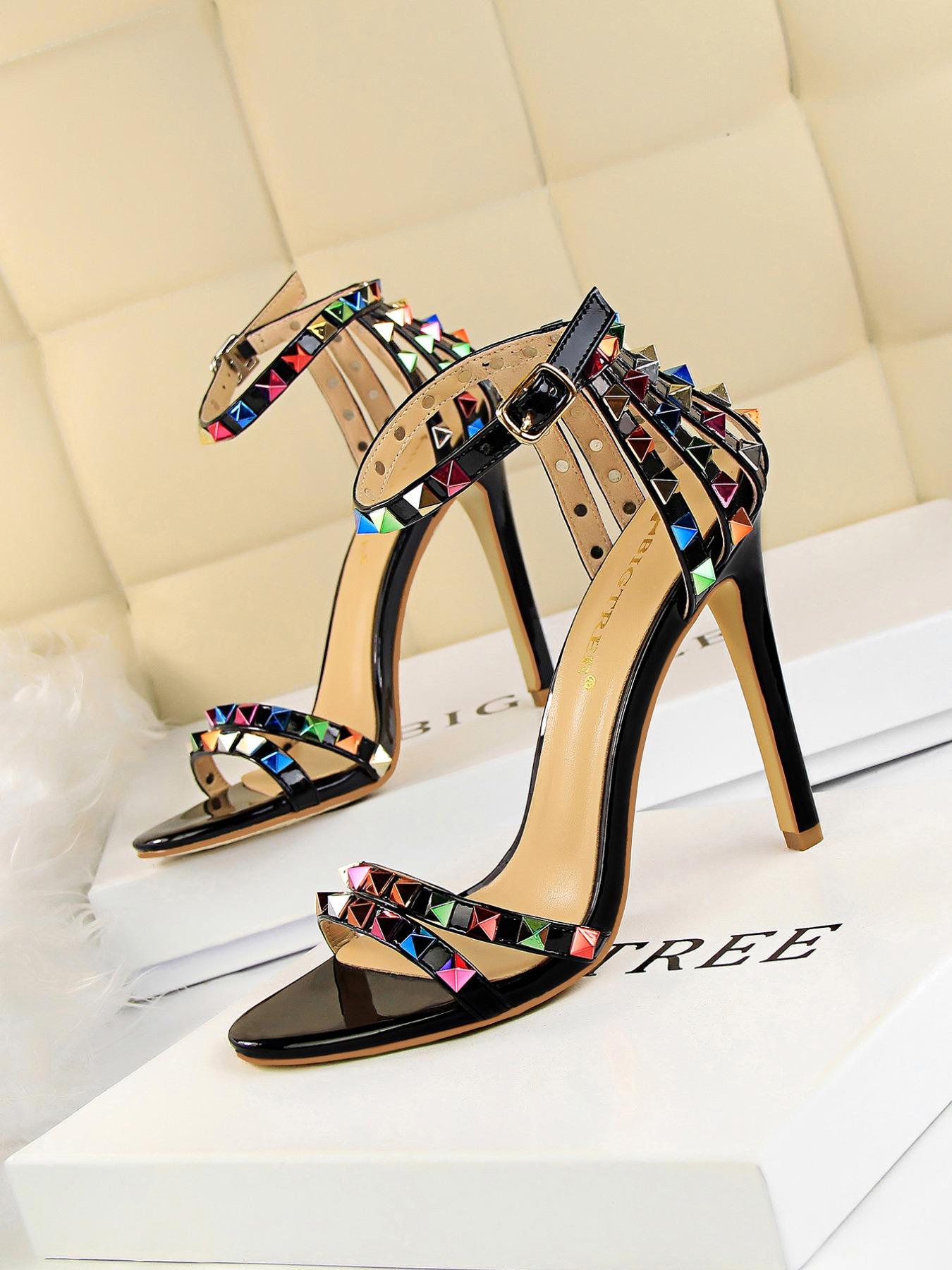 Women's Fashionable Studded Decor Stiletto Heels, Valentine's Gifts for Her, Elegant Heeled Sandals for Party, Banquet, Fashionable Shoes for Daily Wear, Strapy Sandal