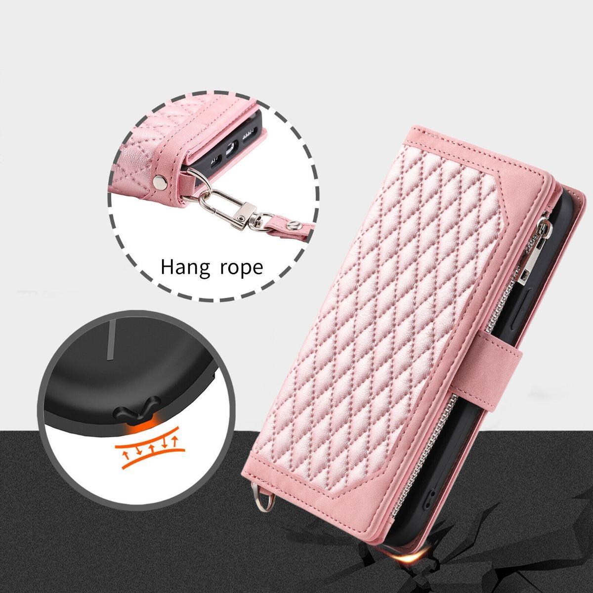 Crossbody Wallet Case For iPhone 17 16 Pro Max 15 14 Plus 13 12 Leather Phone Case with Card Holder Kickstand & Wrist Strap Cover Magnetic Closure Flip Handbag Zipper Purse Shell for Women