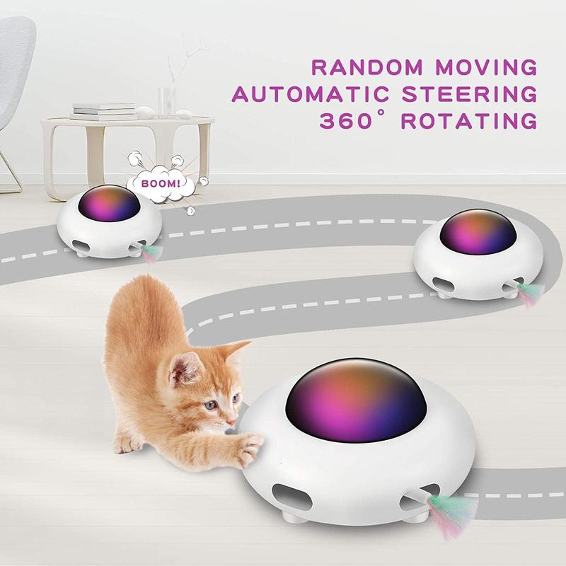 Automatic Interactive Cat Toy, Moving Feather UFO Toy for Indoor Cats, Helps Burn Energy, Reduce Boredom & Prevent Destructive Behavior, USB Rechargeable