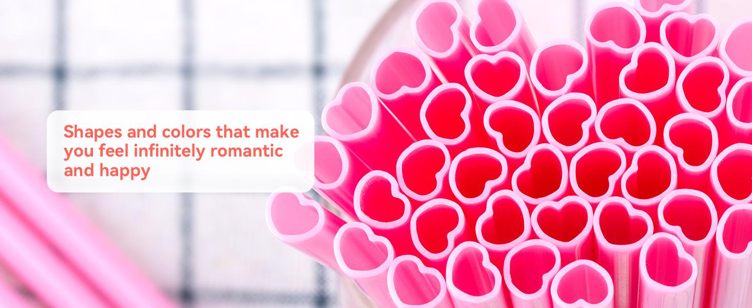50pcs Heart Shaped Pink Straws 8mm Individually Wrapped Disposable Drinking Straws for Galentine's Brunches,Cocktail, Birthday Parties, Pastel Weddings & Bridal Shower Decorations