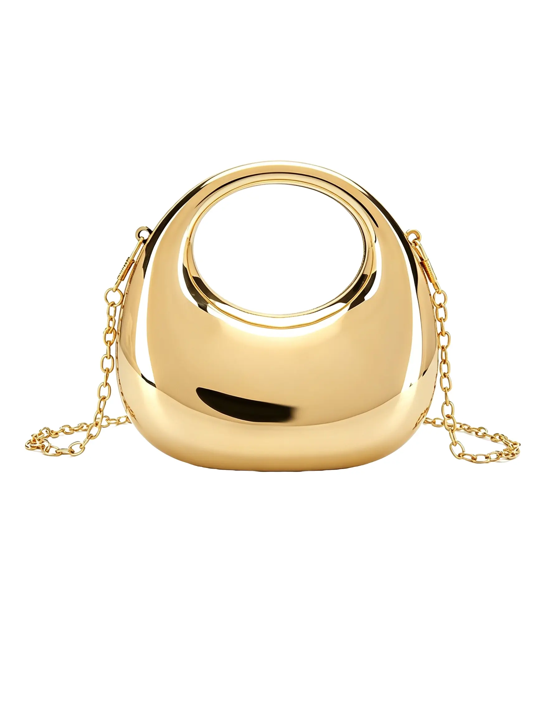 Mirror Metallic Mini Evening Clutch Bag, Hollow Ring Top Handle Chain Crossbody Purse, Designer Hard Shell Party Handbag for Women, 2 Colors, Bling Crossbody Bag