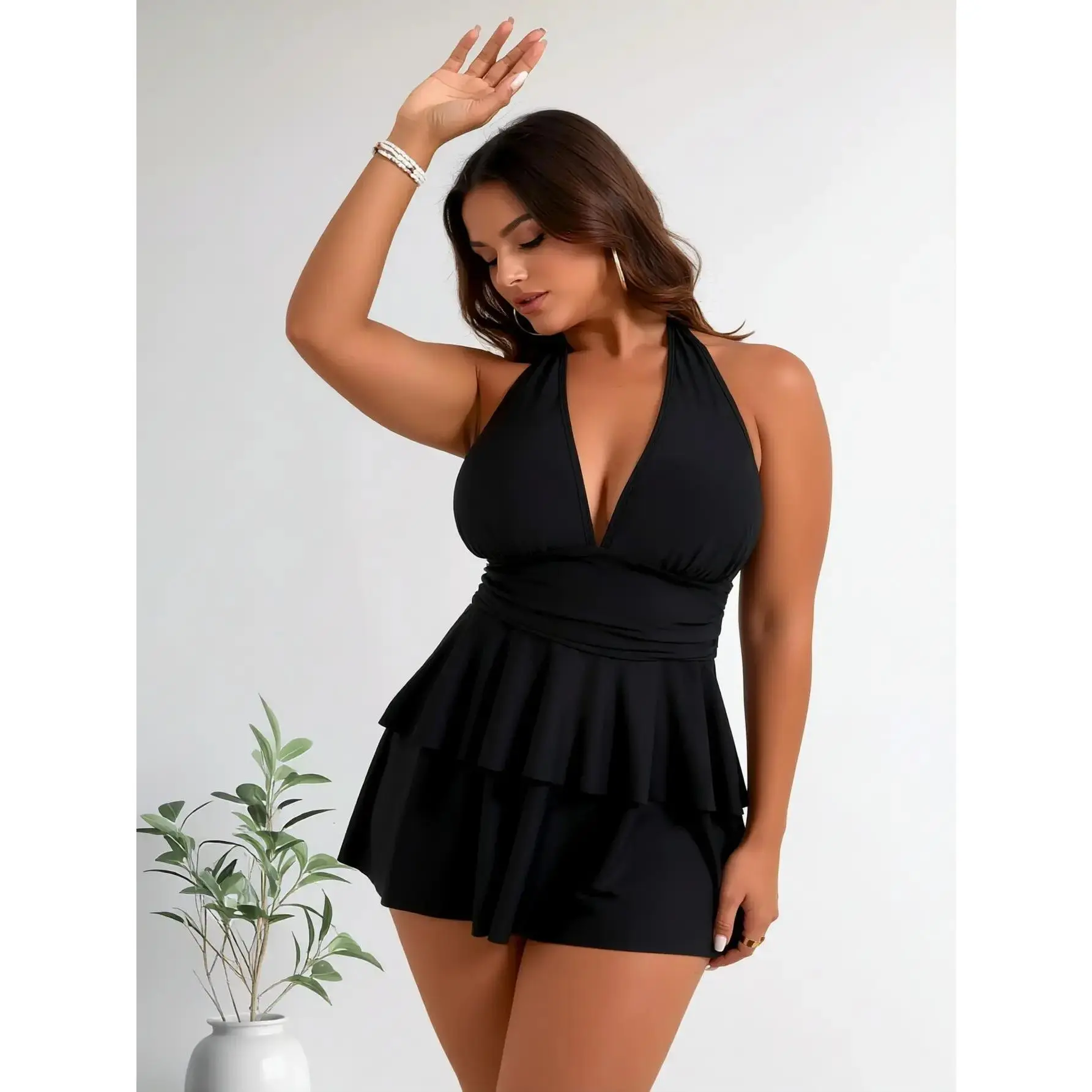 Women's Plus Size 1-Piece Halter Swim Dress - Black, Tummy Control, High-Waisted, Flattering Fit, Integrated Flat-Angle Shorts, Modest, Full Freedom of Movement, Summer Beach Pool Party Outfit