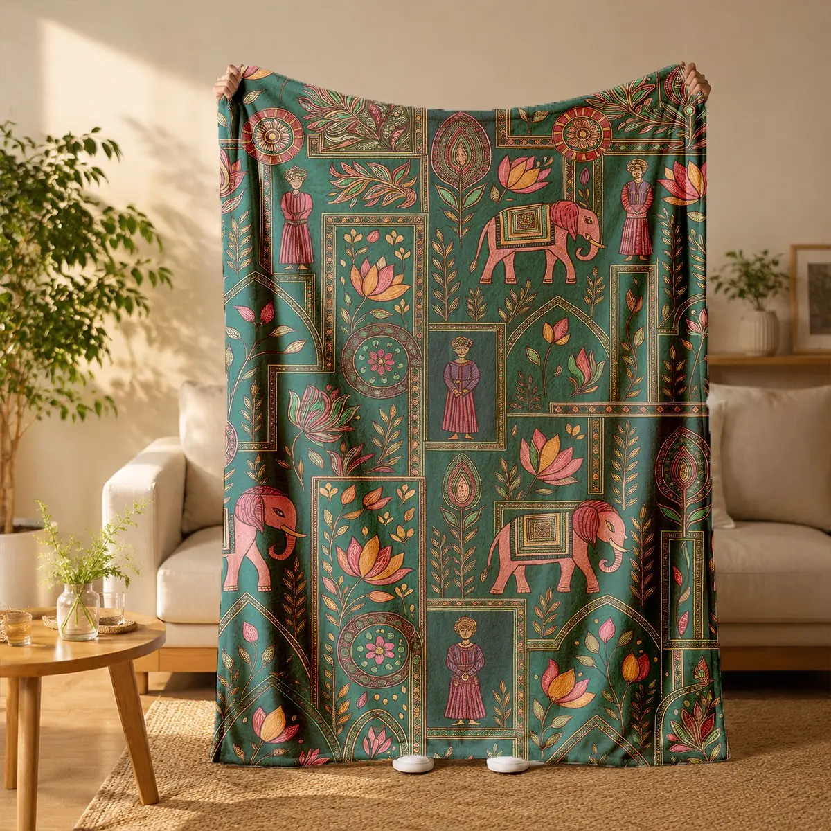 Indian Style Palace Elephant and Floral Totem Print Flannel Blanket - Suitable for all seasons, soft, lightweight and breathable, for bedroom, seasonal and holiday decorations - Perfect for beds, sofas, offices, camping and travel