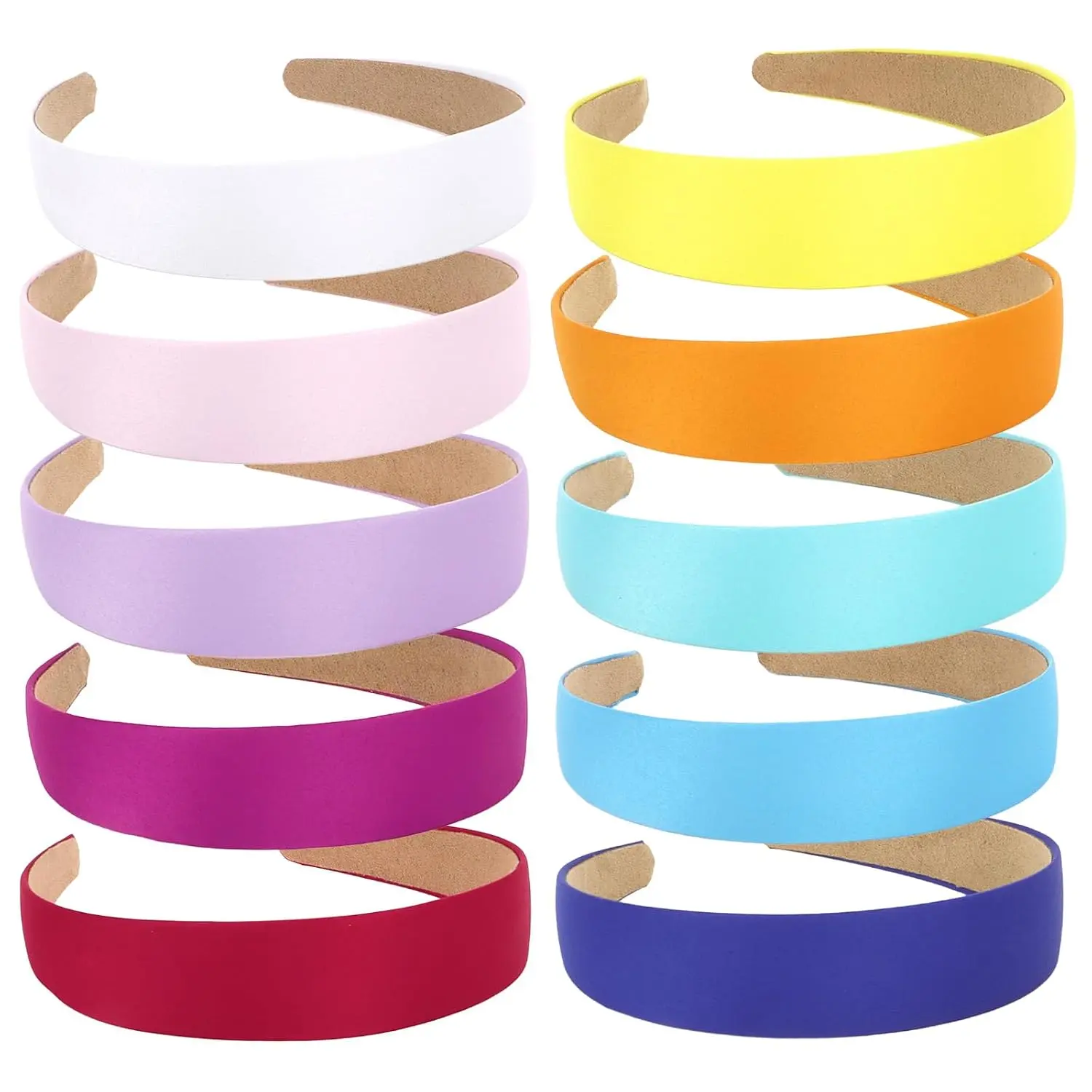 Women's & Girls' Synthetic Satin Headbands - 10 Pack, 1.3 in Wide, Non-Slip Stretchable Band, Wide Size, All Seasons Hair Accessories for DIY Holiday Costumes (White, Blue, Red, Orange, Yellow, Green)