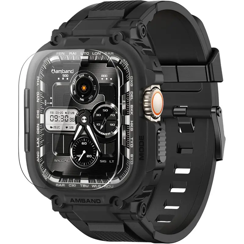Bands Case Screen Protector Compatible with Apple Watch Ultra 3/2/1 49mm for Men, M1 Sport Series Rugged Cover Strap and 9H Tempered Glass, Military Protective Bumper for iWatch 49 mm Men Black