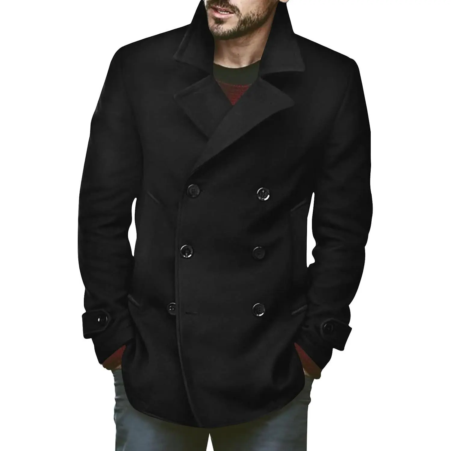 Mens Classic Polyester Pea Coat - Notched Collar, Double Breasted, Slim Fit, Winter Warm Heavyweight Outerwear for Casual Outfits with Jeans, Pants, Tops