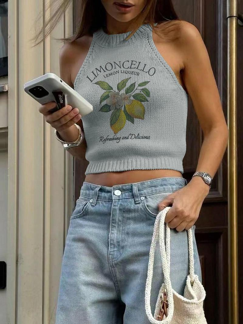 Women's Lemon Print Round Neck Crop Sweater Vest, Casual Sleeveless Knit Tank Top for Summer, Fashion Women's Knitwear for Daily Wear