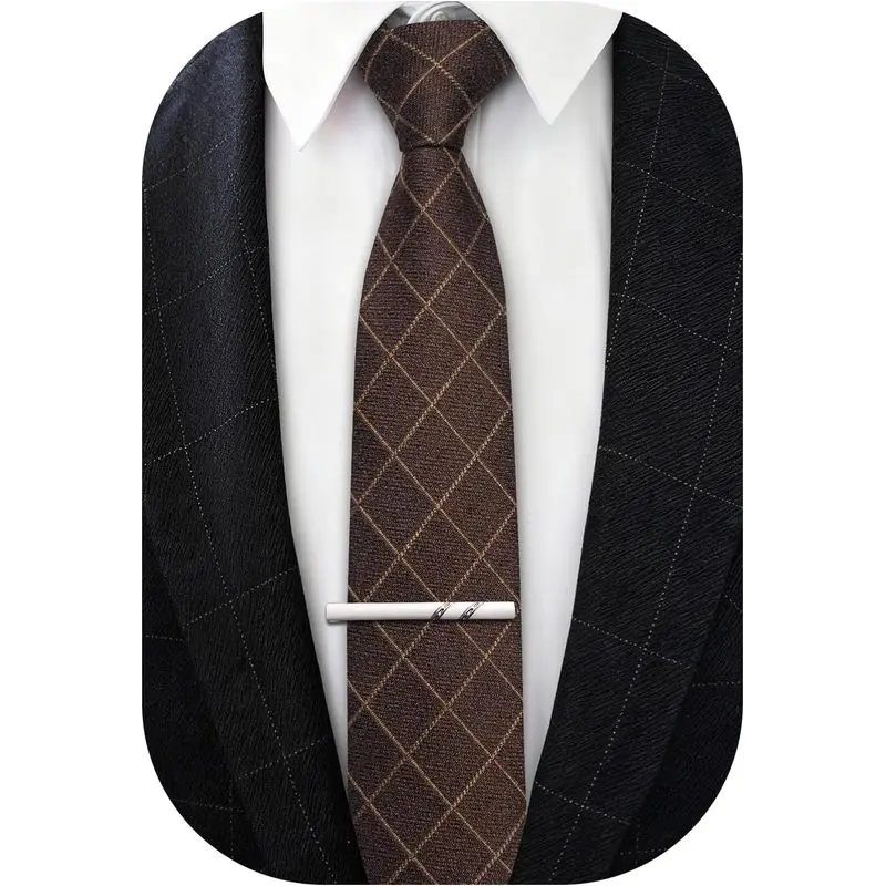 Men's Plaid Cotton Wool Blend Necktie, 2.76" Skinny Design with Tie Clip Set for Business Casual & Formal Male Wear, Business Casual Outfits, Plaid Stripes, Comfortable Fabric