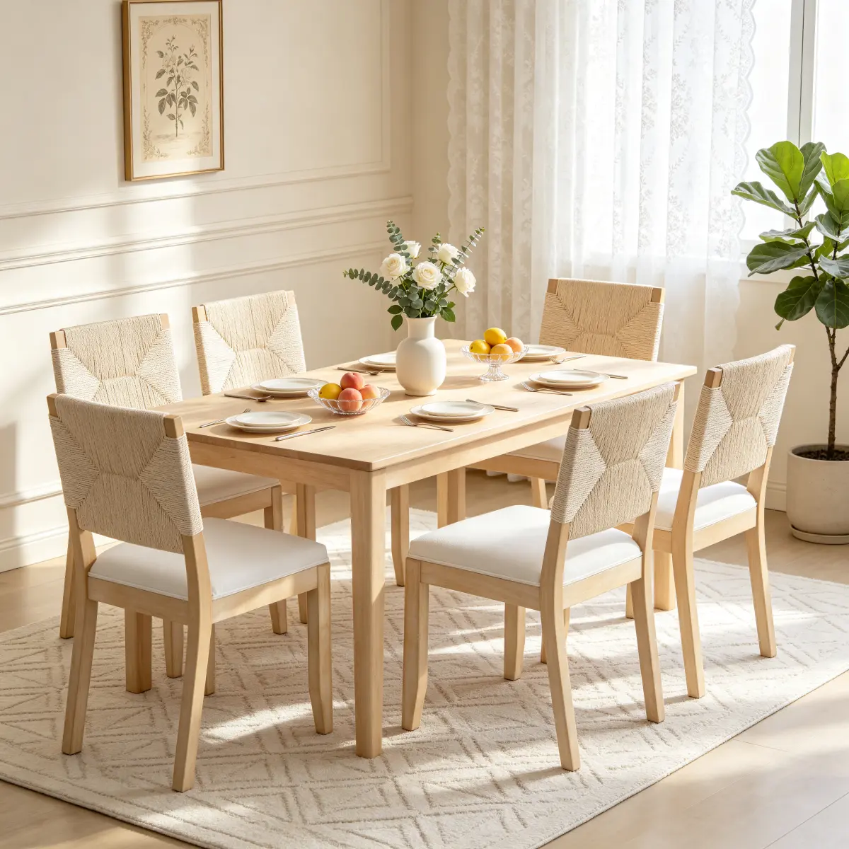AobtkelFrench Country Dining Chairs Set of 2, Beige Farmhouse Kitchen & Dining Room Chairs, Boho Wood Dining Chair with Woven Back & Linen Upholstered Seat, Solid Wood Frame,Beige
