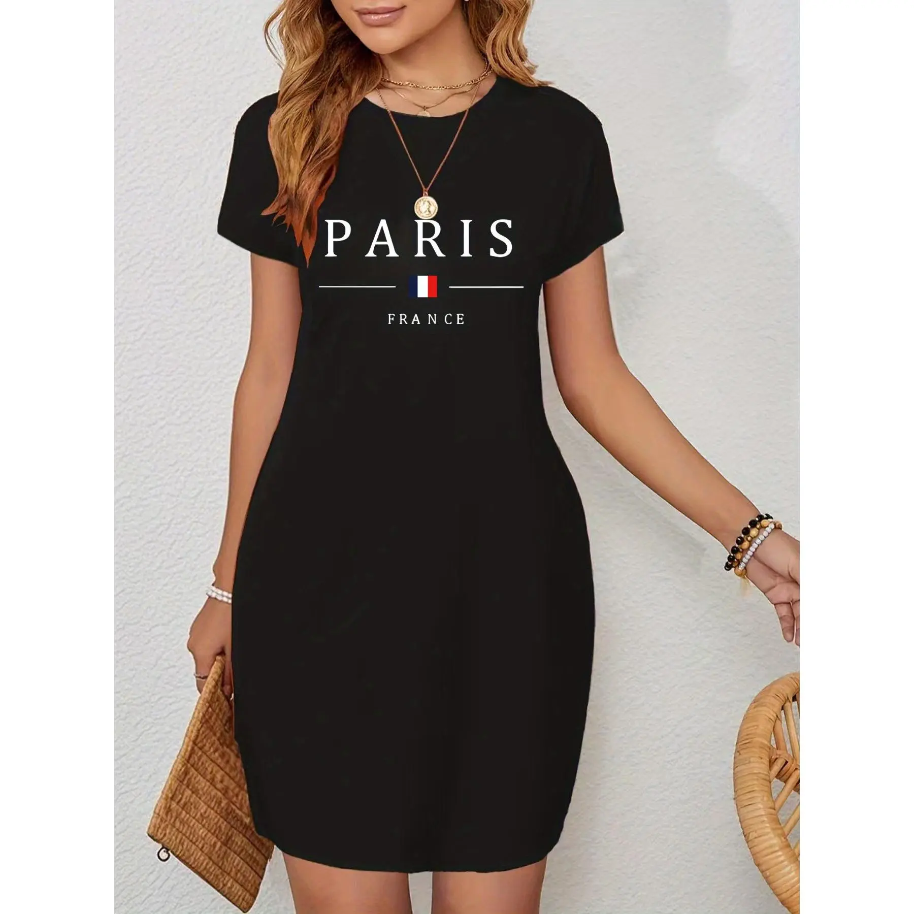 Women's Summer Casual Short Sleeve Dress - Paris France Graphic Print with French Flag Accents, Relaxed Fit Round Neck, Elastic Waistband, Machine Washable Black Dress for Casual Attire, Short Summer Dresses
