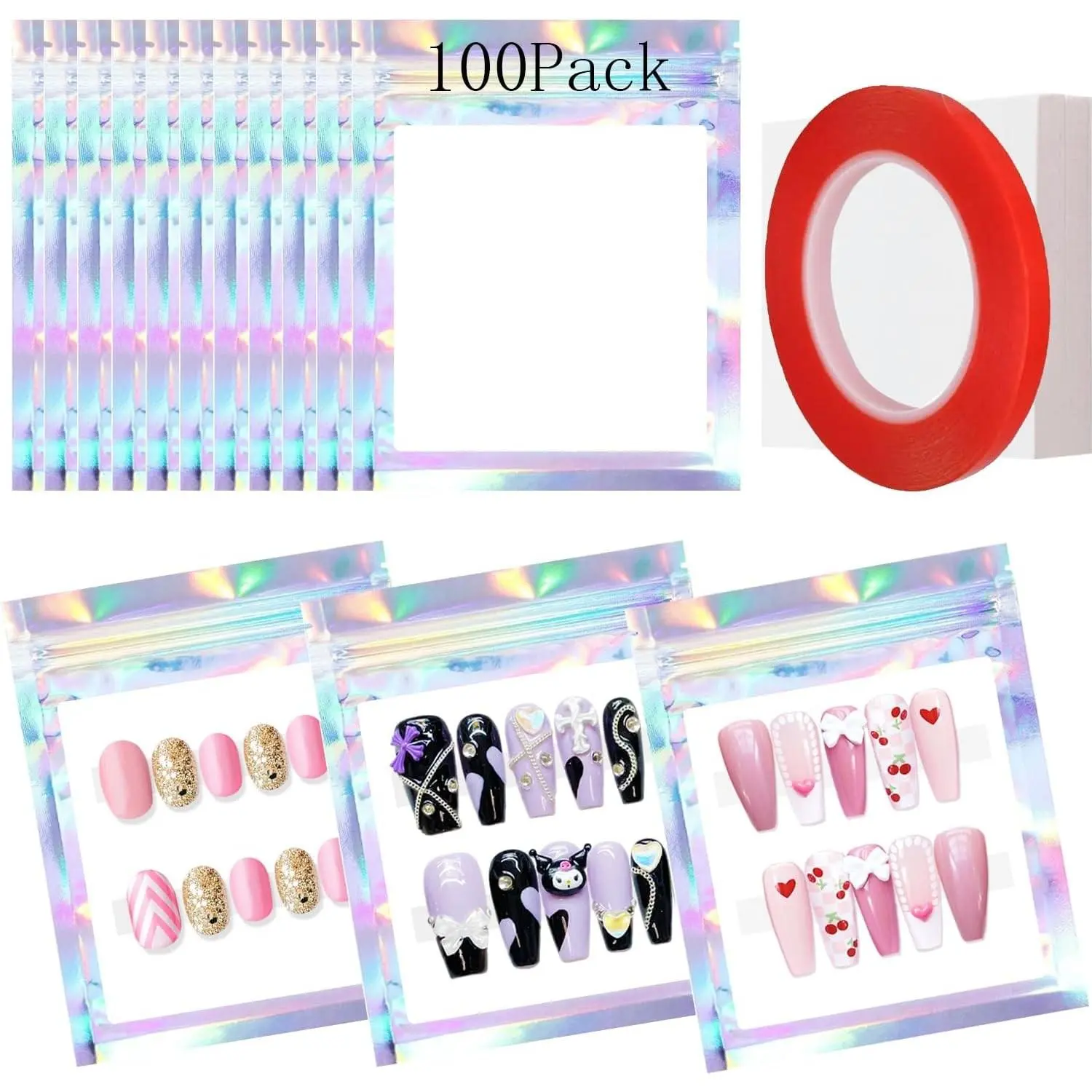 100PCS Empty Holographic Nail Storage Bag Press on Nail Packaging Bag and 100PCS Shiny white cardboard Nail Tips Packaging Bags with 1 Roll Transparent TapeGift
