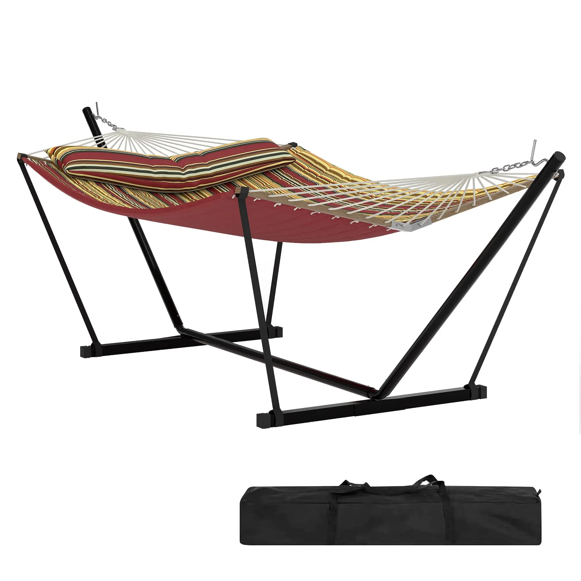 2 Person Hammock with Steel Stand & Wooden Spreader Bar, Double Hammock Weather-Resistant Fabric, Portable Design with Carry Bag camping use durable backyard