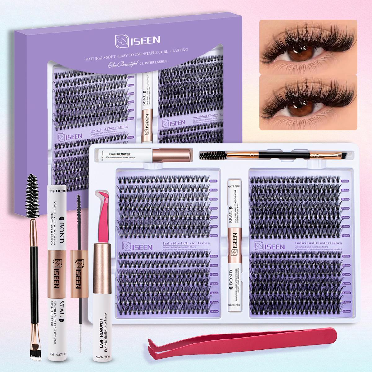 False Eyelashes Kit, 1 Set D Curl Eyelash Clusters, Fluffy Eyelash Clusters with Eyelash Glue, Remover, Brush & Tweezers, Eyelash Extension Kit for Women & Girls