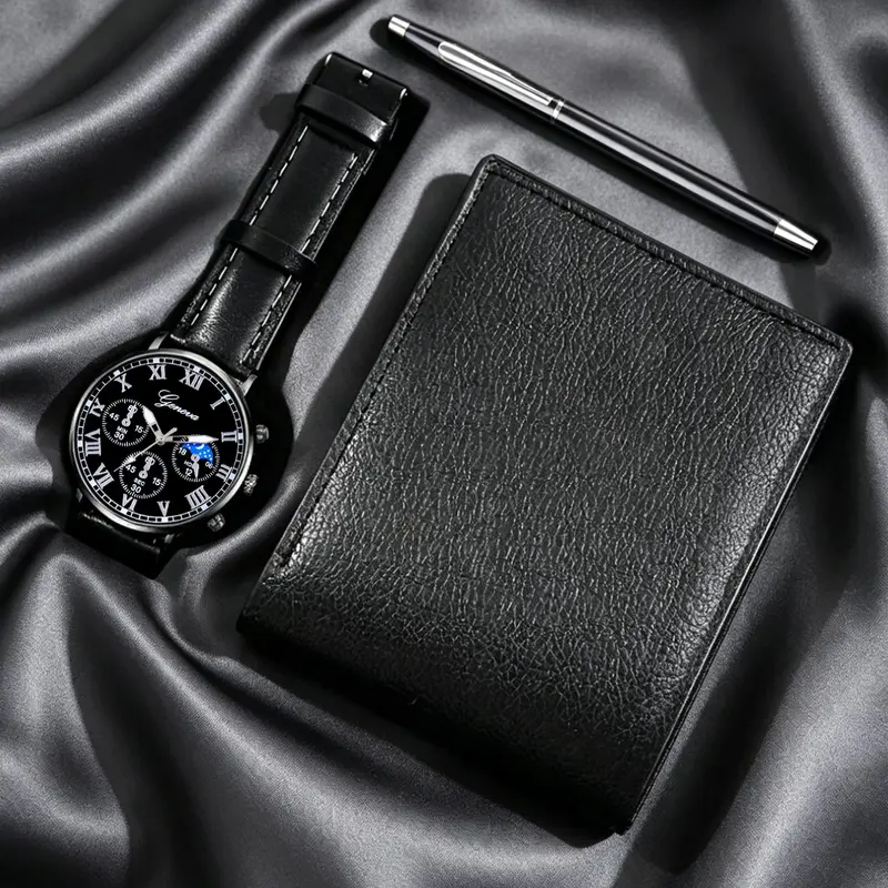 Men's Business Round Dial Analog Watch & Wallet & Pen Set, Fashion Quartz Watch Set for Party, Daily Clothing Decor, Trendy All-match & Exquisite Watch Set for Birthday Gift, Quartz Analog Timepiece, without Box