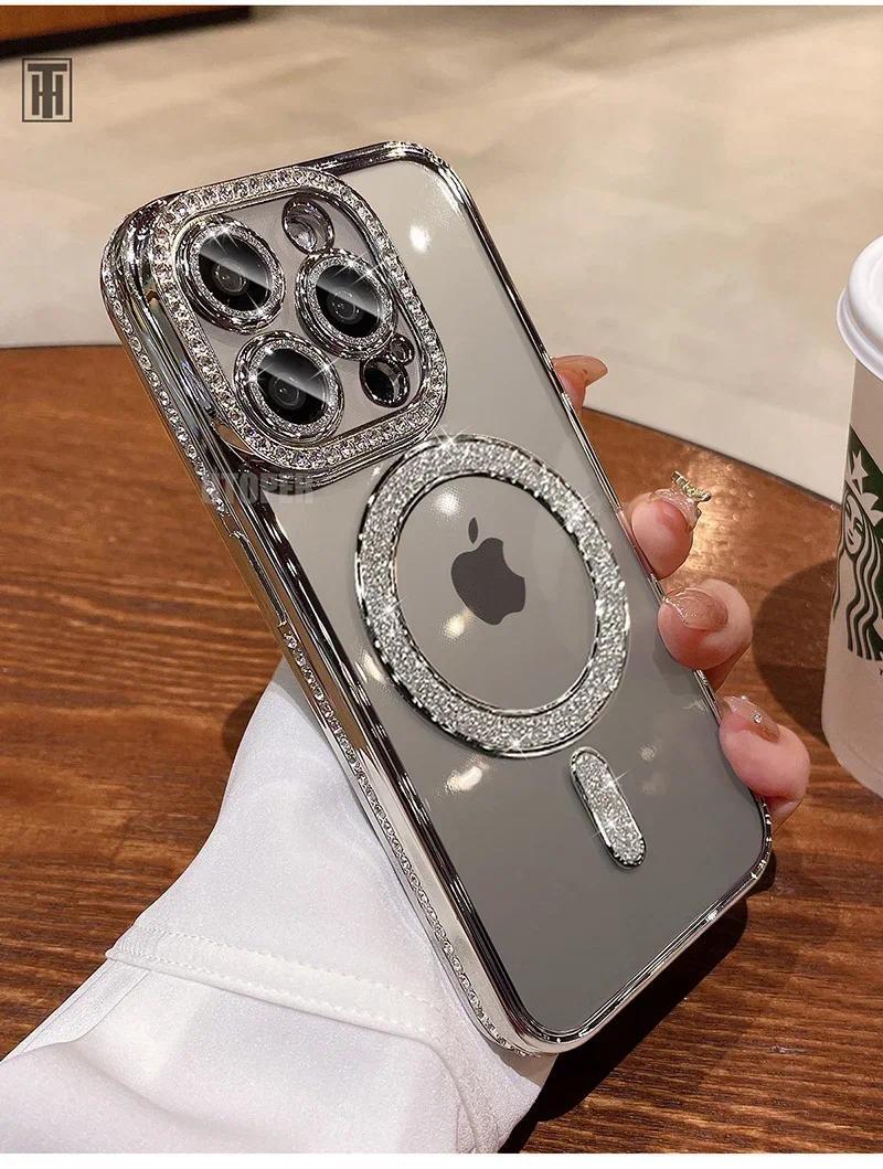 Luxury Bling Crystal Lens Film Phone Case For iPhone 15 11 12 13 14 Pro Max Plus Magsafe Magnetic Wireless Charging Clear Cover
