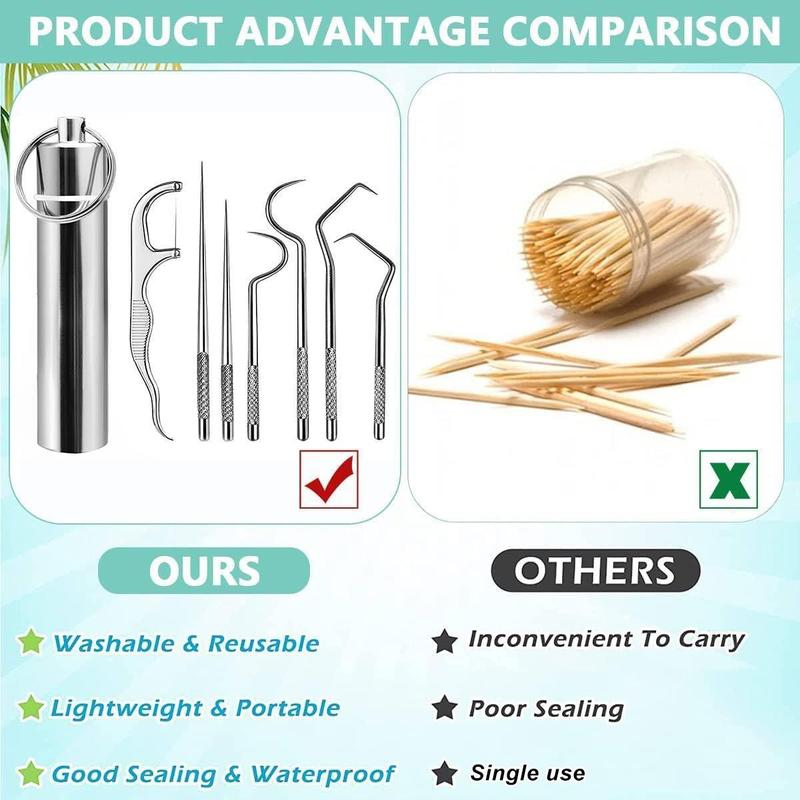 7PCS Stainless Steel Toothpick Pocket Set, Dental Floss Pick, Reusable Teeth Cleaning Tools Kit with Portable Holder, Keychain Design for Outdoor Picnic, Camping, Travel Essentials