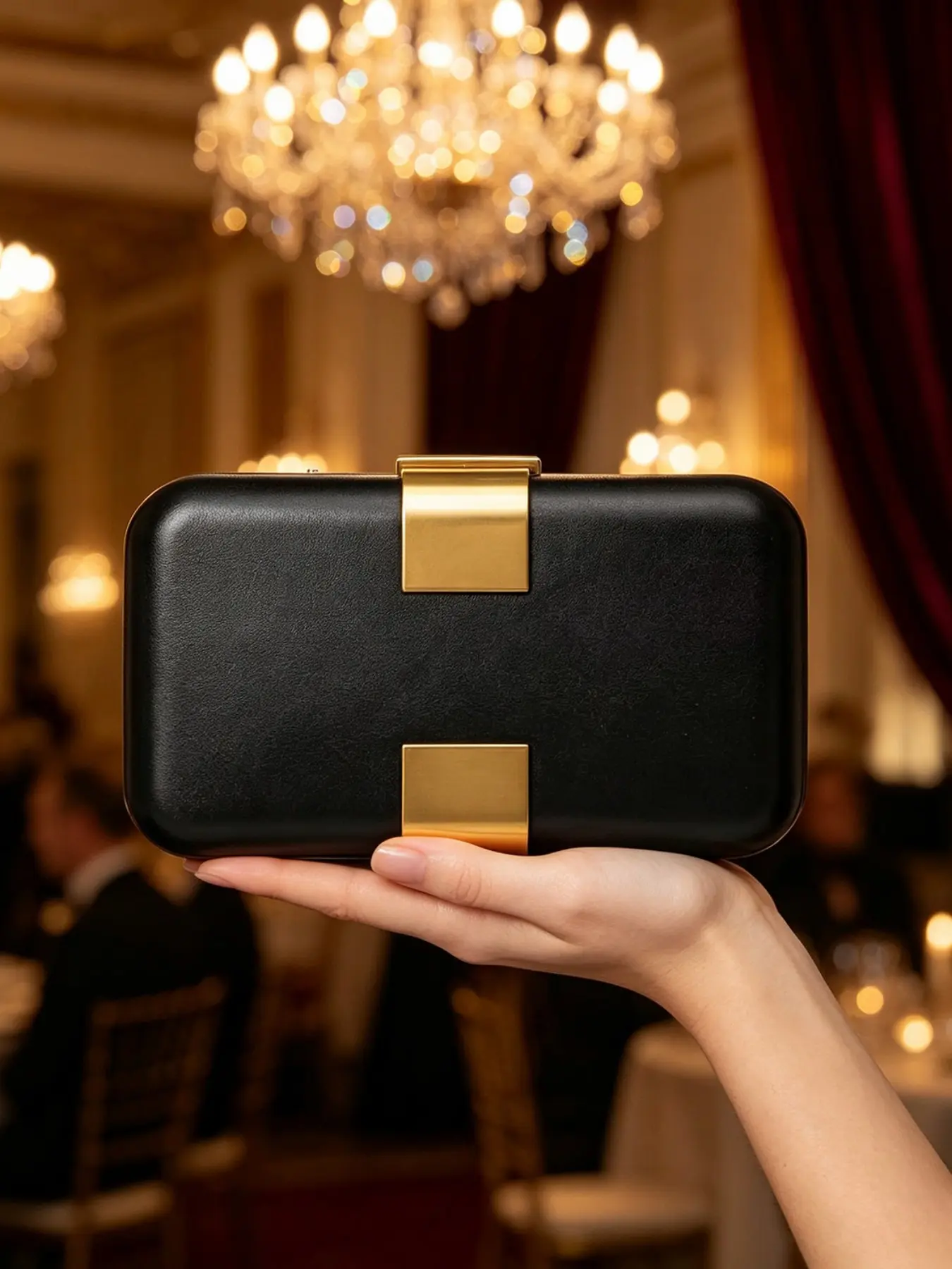 Women Minimalist Rectangle Evening Clutch Bag, Gold Bar Metal Clasp Hardcase Handbag With Detachable Snake Chain Strap, Elegant Formal Crossbody Purse For Wedding Prom Cocktail Party