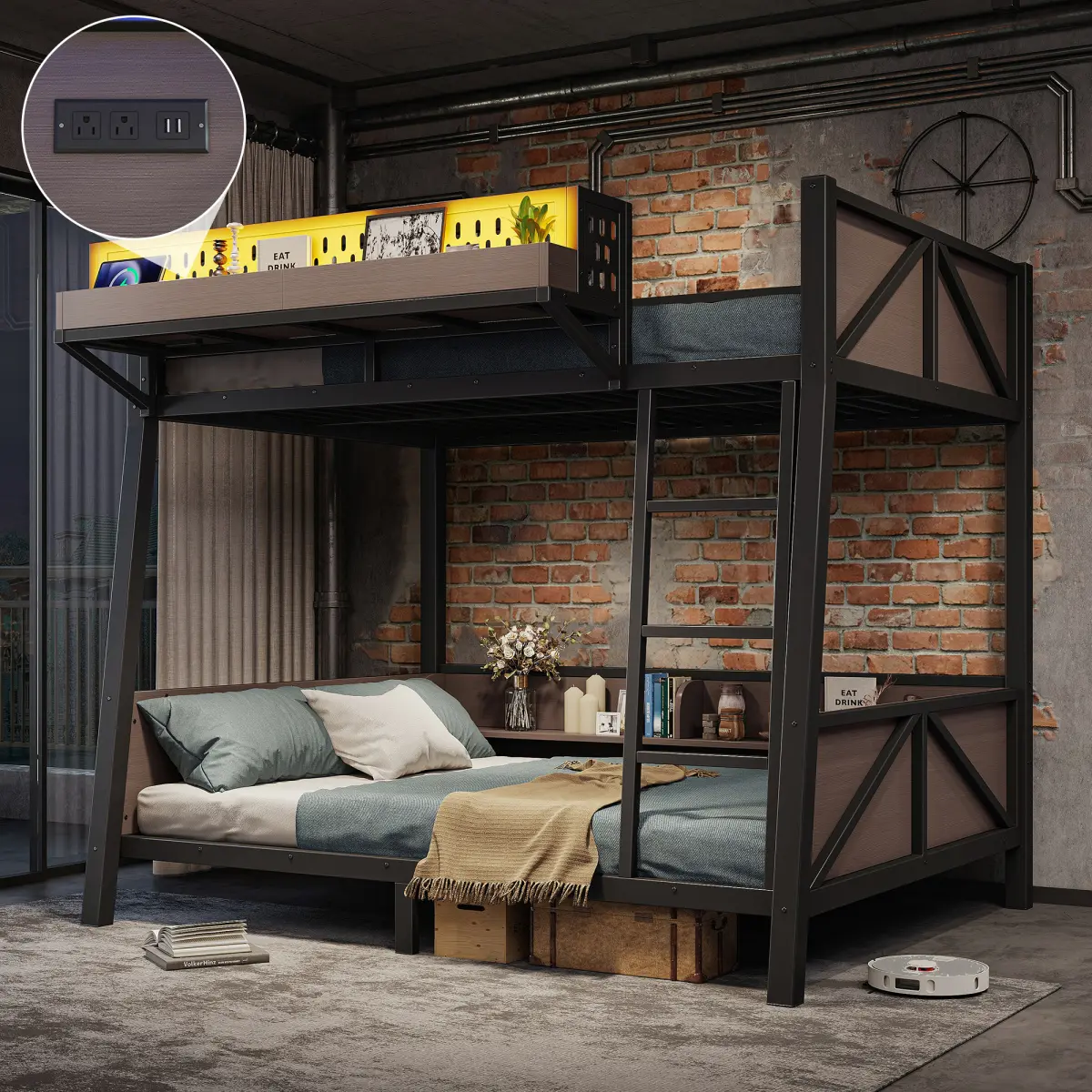 Twin Size Metal Bunk Bed Frame with Storage Shelves, LED Light, USB Ports, Silent Design, Multiple Functions - Contemporary Indoor Furniture for Teens, Dorm Rooms